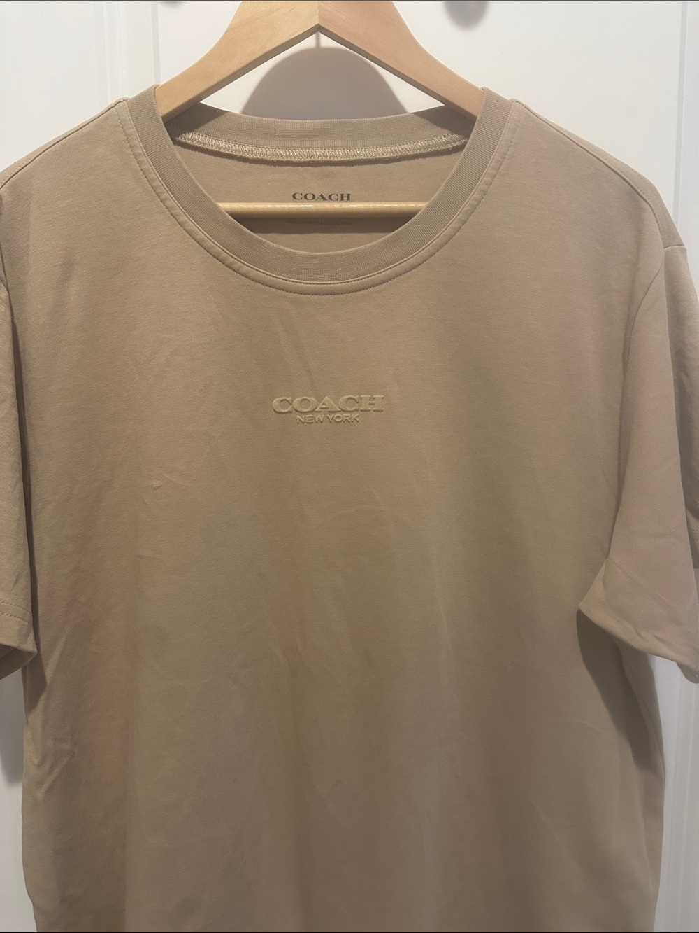 Coach women Beige Embossed Logo Short-Sleeve Tee - Picture 2 of 6